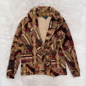 Ralph Lauren Tan Aztec Print Southwestern Shawl Collar Cardigan Knit Jacket